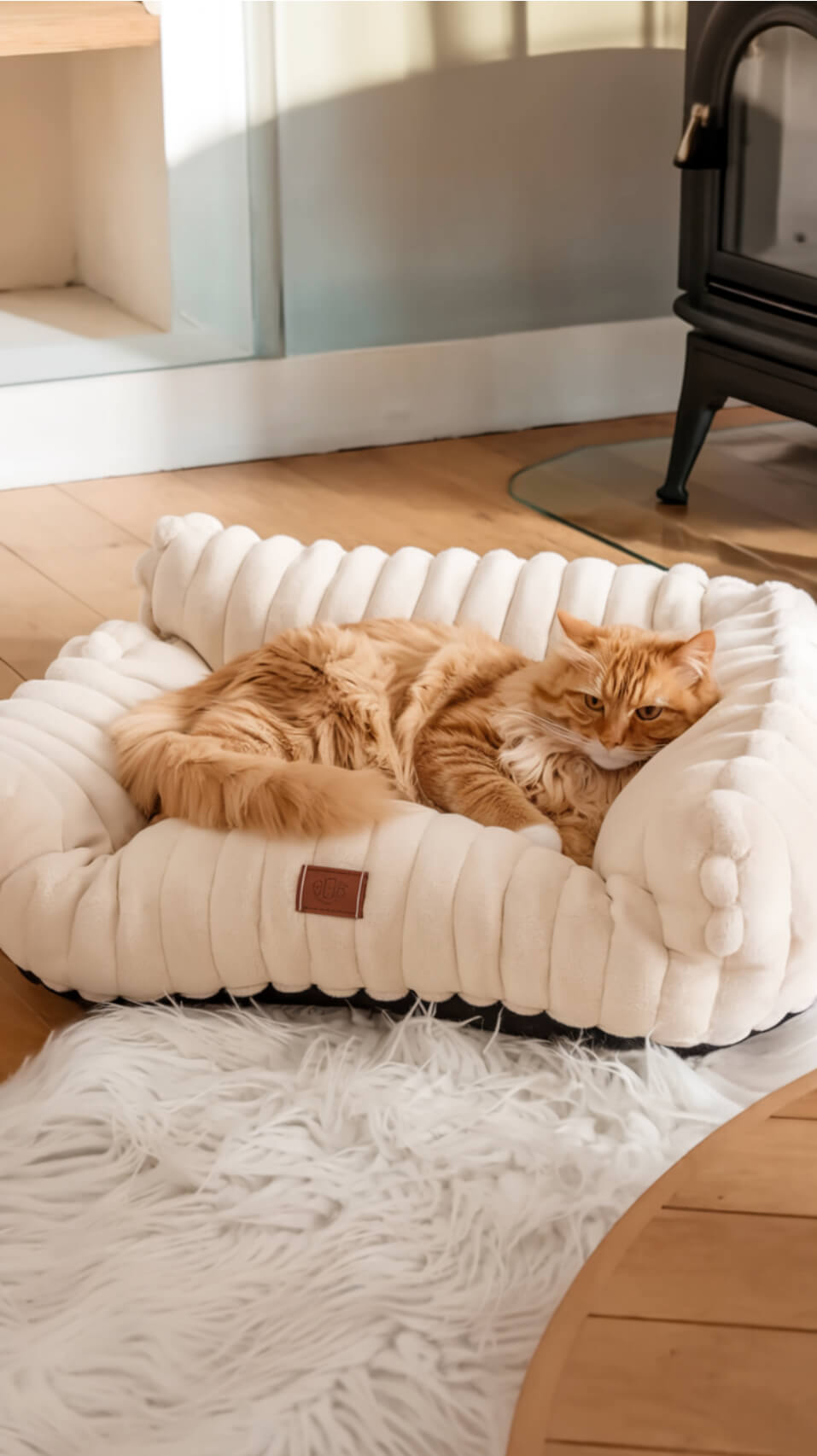 A fluffy orange cat lounges on a plush, cream-colored pet bed, set on a wooden floor with a white rug nearby.